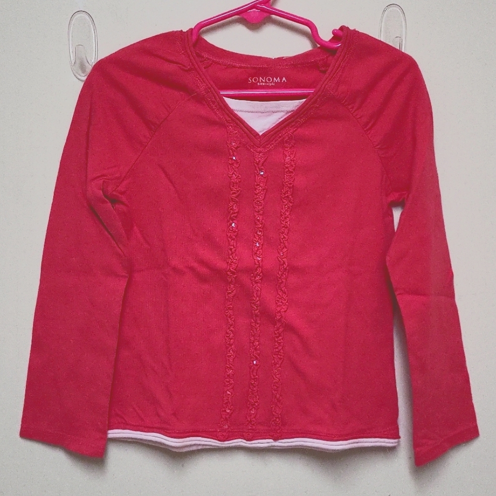 Sonoma Pink & White Long Sleeve V-neck Shirt with Sequined Ruffles on the Front